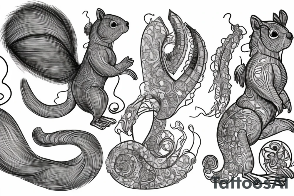 the interlacing of the line in the trable style, the contour resembles an attacking squirrel with tassels on the ears, which stretches behind the nut, the head at the bottom, the tail at the top tattoo idea