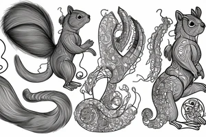 the interlacing of the line in the trable style, the contour resembles an attacking squirrel with tassels on the ears, which stretches behind the nut, the head at the bottom, the tail at the top tattoo idea