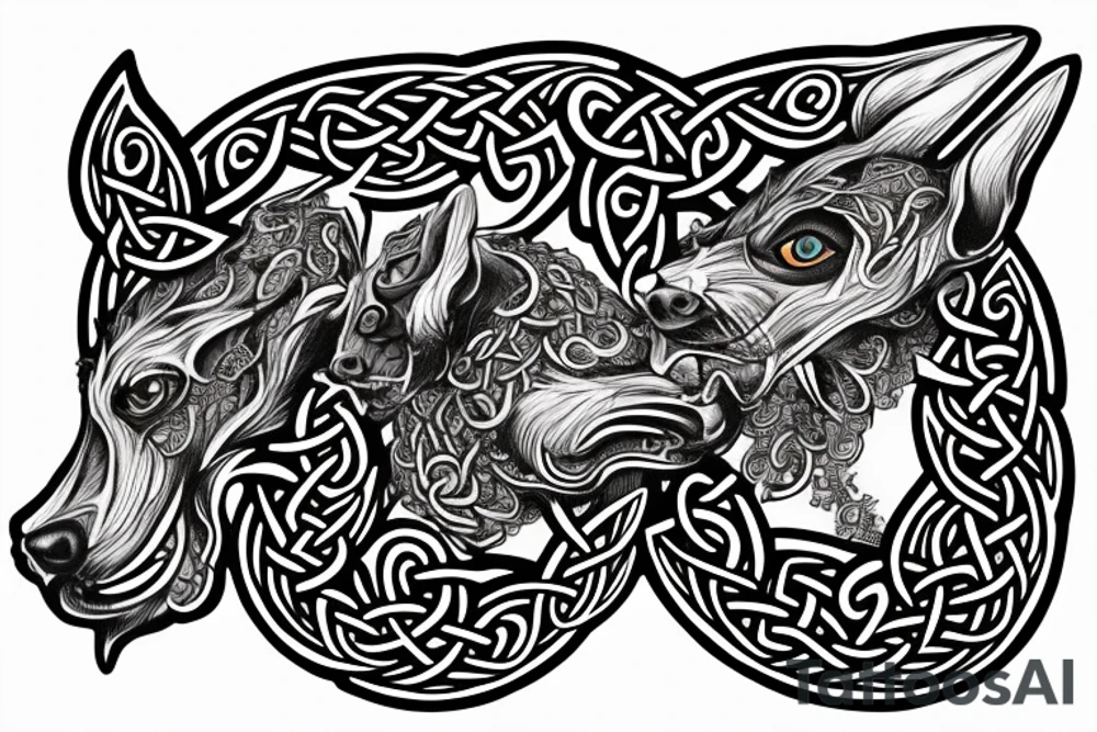 three-headed dog in Celtic style is chasing tattoo idea three-headed dog in Celtic style is chasing tattoo idea