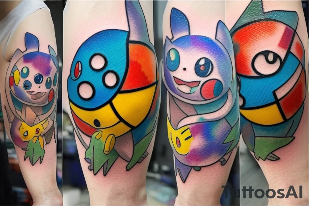 Watercolor pokemon tattoo including pikachu, charmander, squirtle and bulbasaur surrounding a pokeball tattoo idea