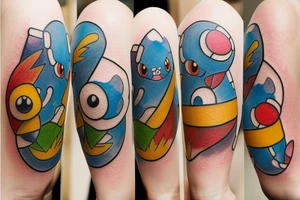 Watercolor pokemon tattoo including pikachu, charmander, squirtle and bulbasaur surrounding a pokeball tattoo idea