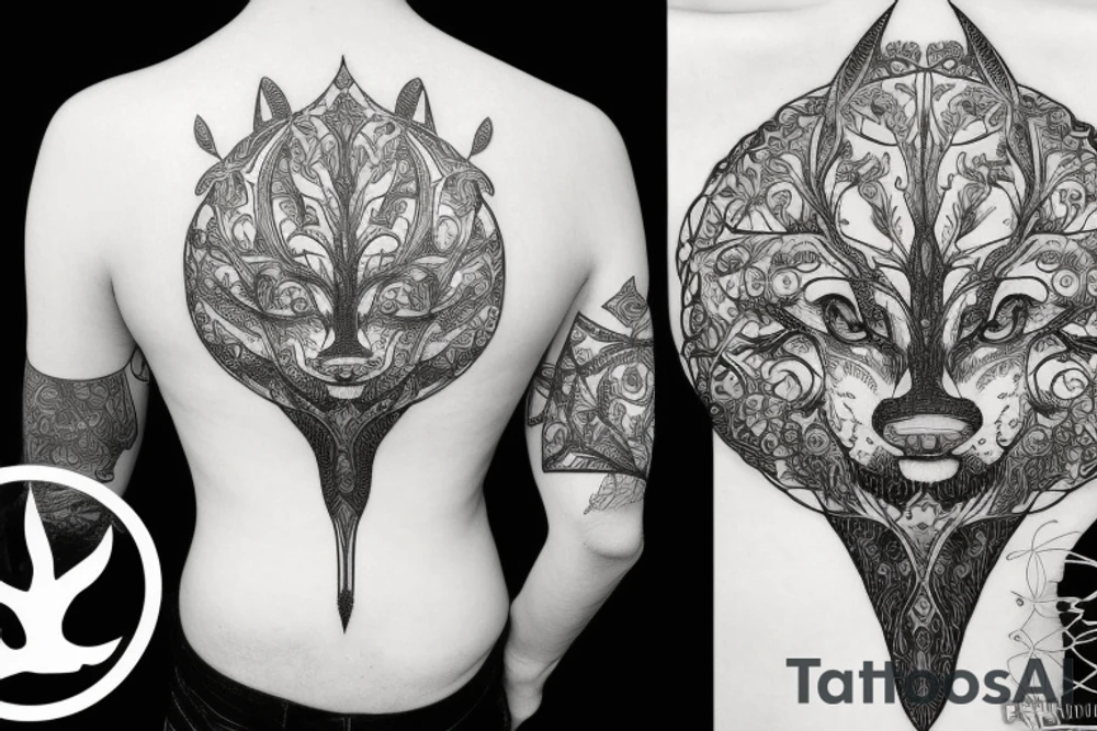 Wolf in front of tree of life. Symmetric tattoo idea