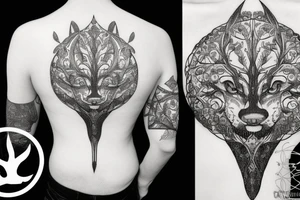Wolf in front of tree of life. Symmetric tattoo idea