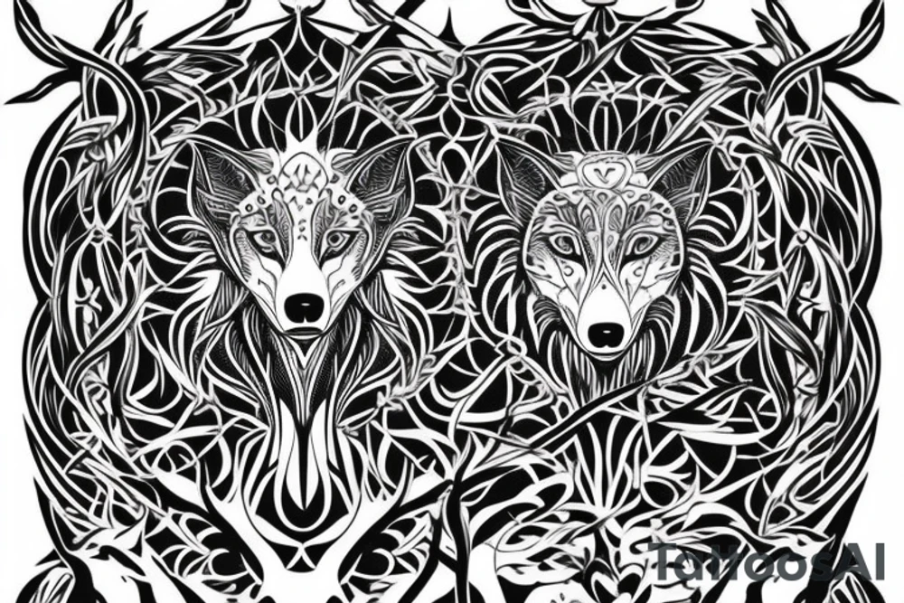 Wolf in front of tree of life. Symmetric tattoo idea