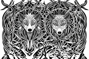Wolf in front of tree of life. Symmetric tattoo idea
