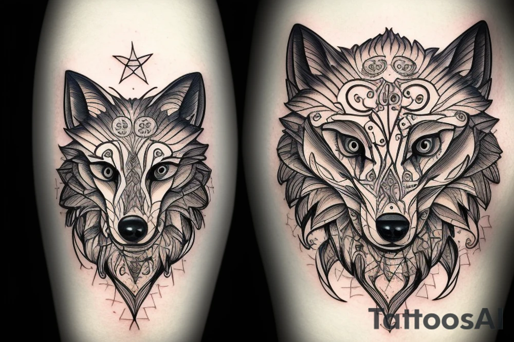 Wolf in front of tree of life. Symmetric tattoo idea
