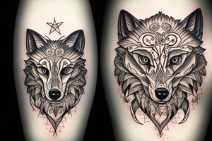 Wolf in front of tree of life. Symmetric tattoo idea