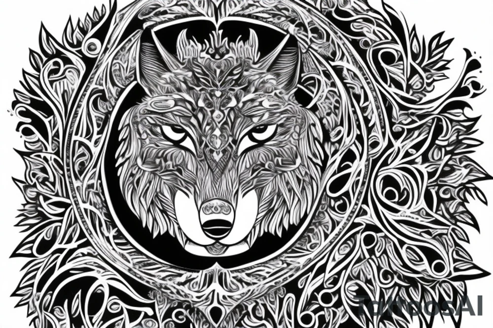 Wolf in front of tree of life. Symmetric tattoo idea