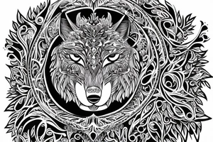 Wolf in front of tree of life. Symmetric tattoo idea