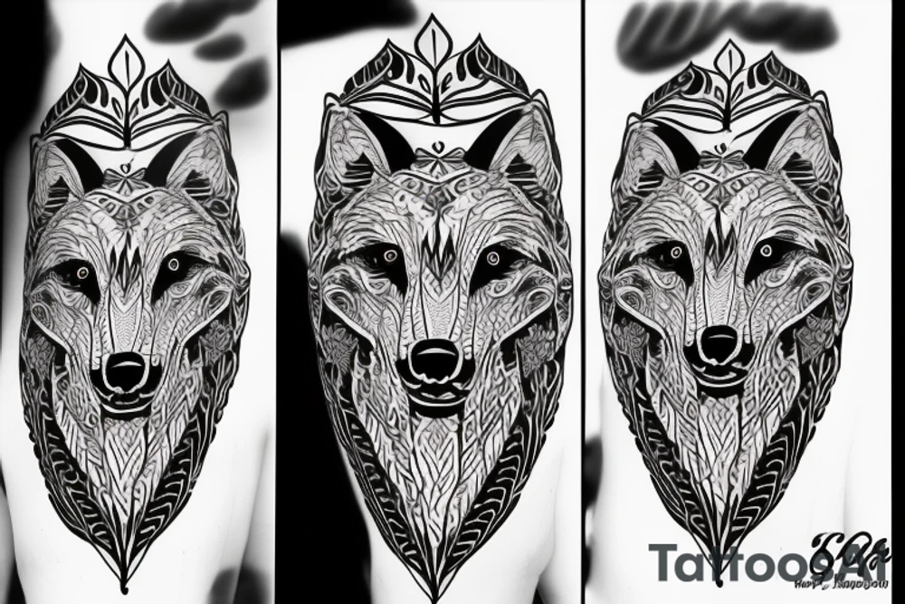 Wolf in front of tree of life. Symmetric tattoo idea