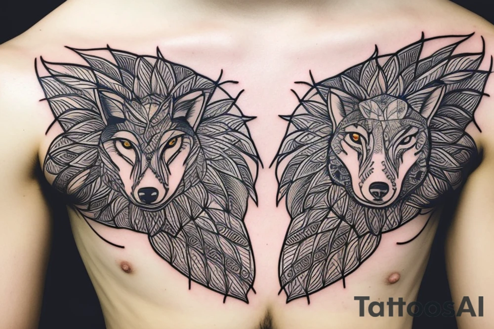 Wolf in front of tree of life. Symmetric tattoo idea
