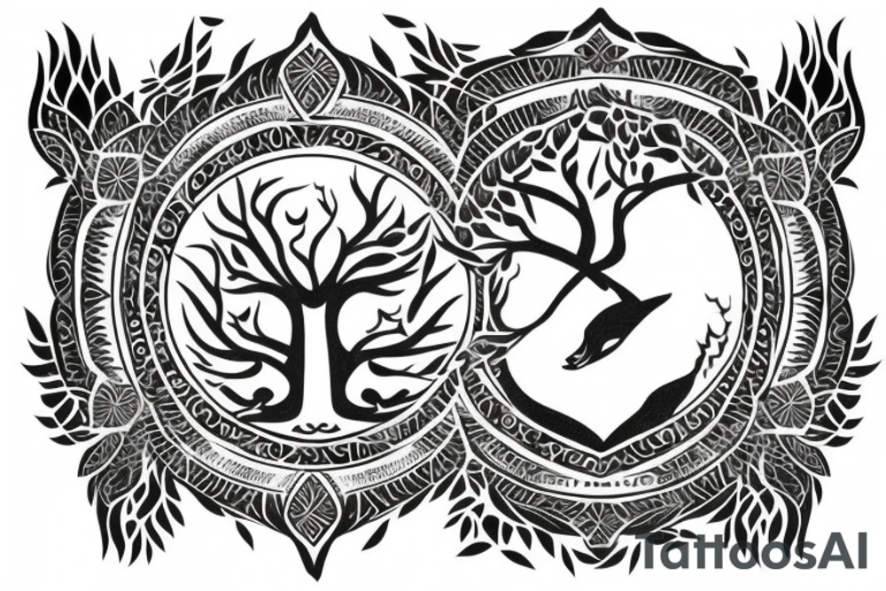 Wolf and tree of life. Symmetric tattoo idea