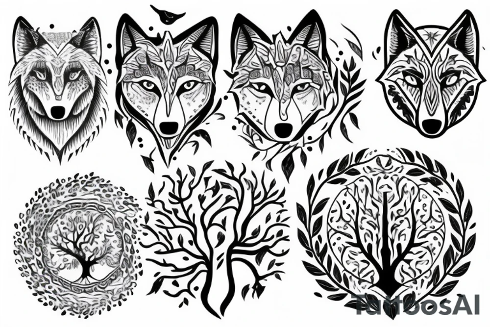 Wolf and tree of life. Symmetric tattoo idea