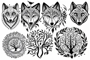 Wolf and tree of life. Symmetric tattoo idea