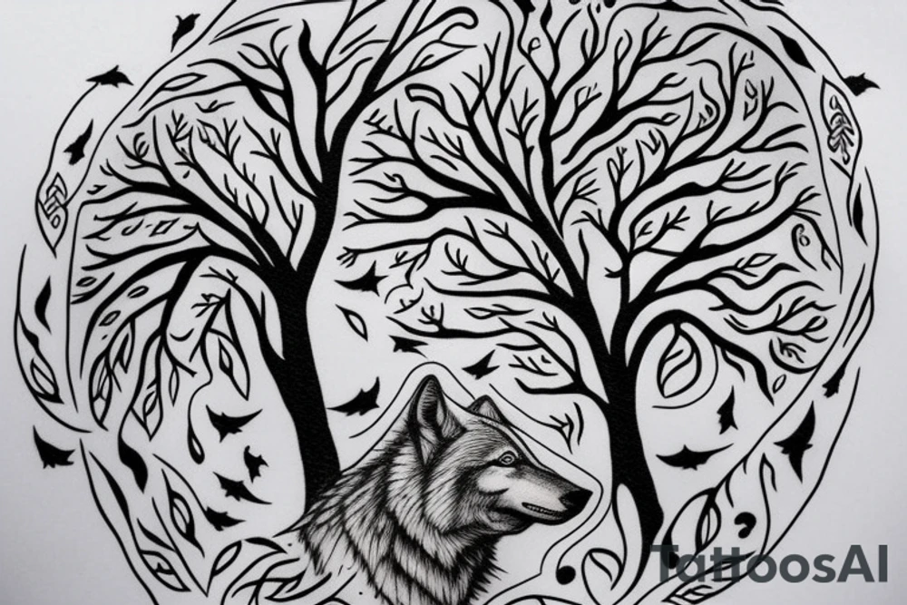 Tree with shadow in form of a wolf tattoo idea