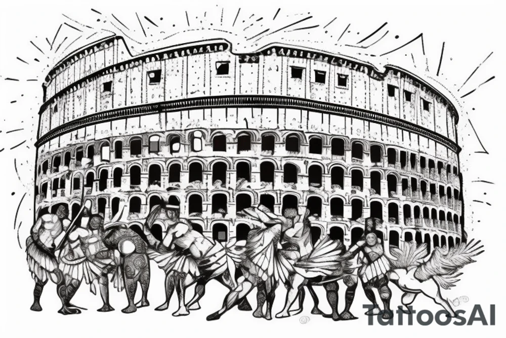 gladiator fighting in a colusseum. The colosseum have to be in the background. tattoo idea
