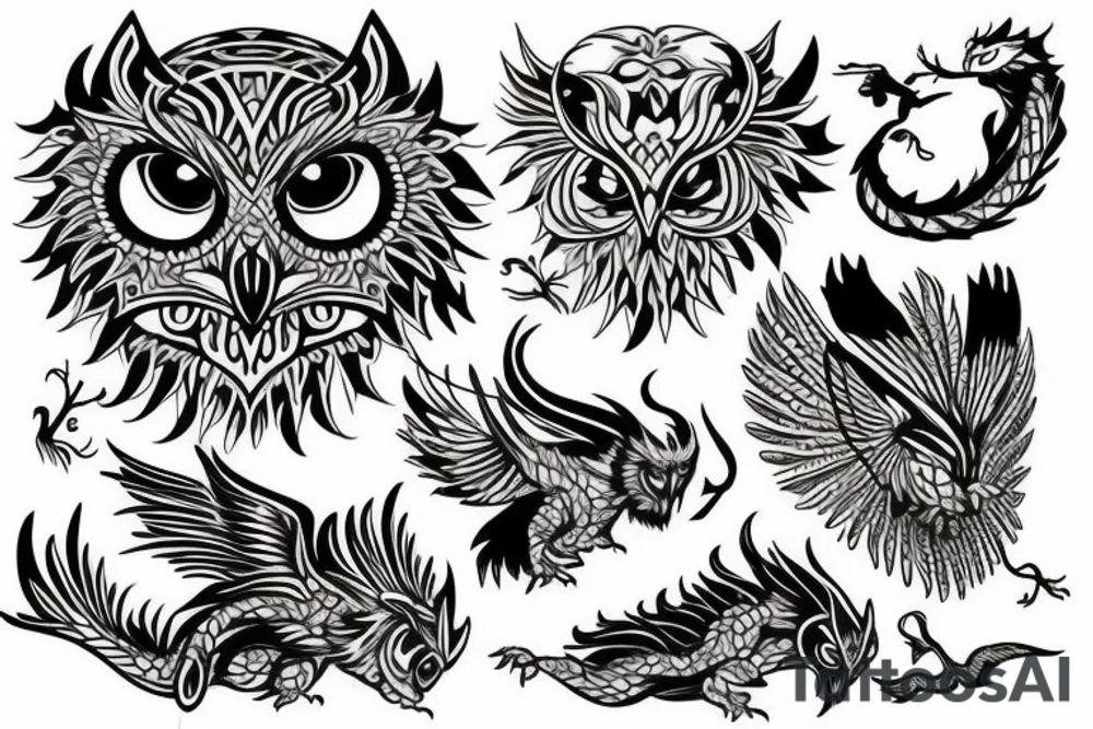 I want a tattoo with four animals where the owl represents my wife, a bear my son, a dragon my second son and a phoenix for me tattoo idea