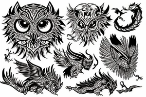 I want a tattoo with four animals where the owl represents my wife, a bear my son, a dragon my second son and a phoenix for me tattoo idea