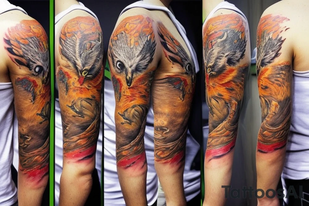 I want a tattoo with four animals where the owl represents my wife, a bear my son, a dragon my second son and a phoenix for me. They should be separate and the tattoo should be a whole arm sleeve tattoo idea