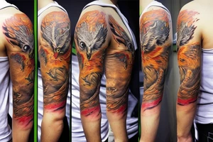I want a tattoo with four animals where the owl represents my wife, a bear my son, a dragon my second son and a phoenix for me. They should be separate and the tattoo should be a whole arm sleeve tattoo idea
