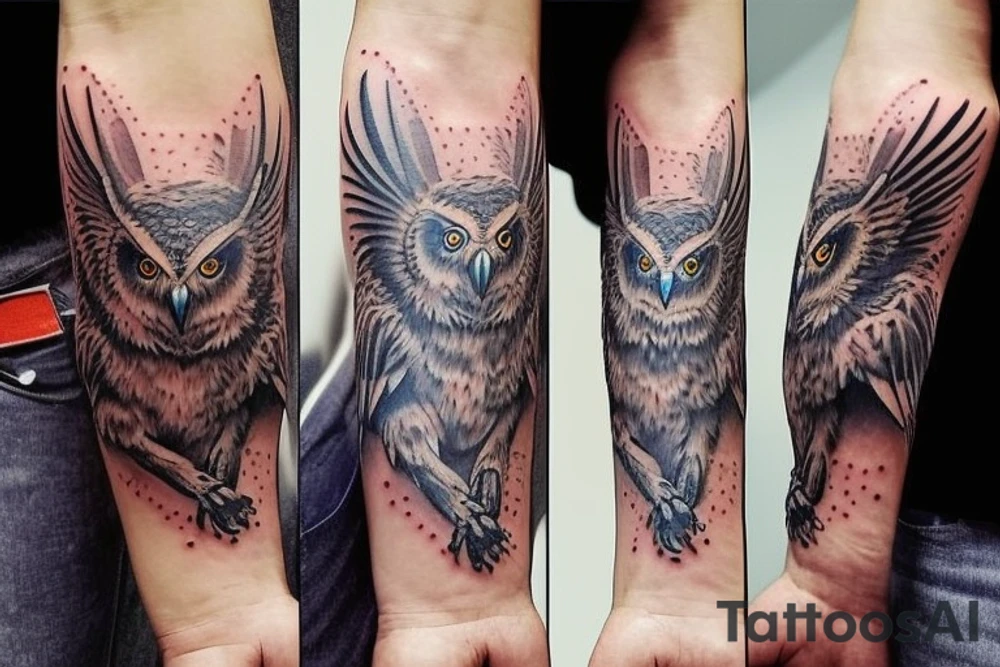 I want a tattoo with four animals where the owl represents my wife, a bear my son, a dragon my second son and a phoenix for me. They should be separate and the tattoo should be a whole arm sleeve tattoo idea