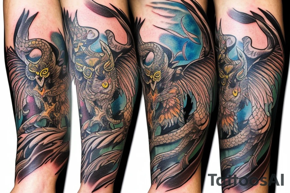 Owl, bear, dragon and phoenix on a whole arm sleeve tattoo idea