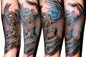 Owl, bear, dragon and phoenix on a whole arm sleeve tattoo idea