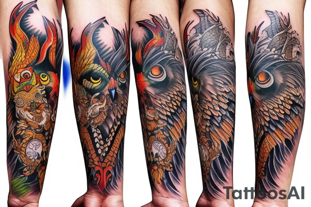 Owl, bear, dragon and phoenix on a whole arm sleeve tattoo idea