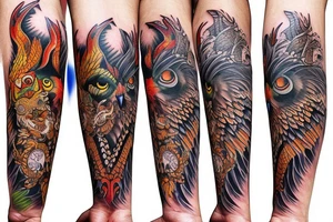 Owl, bear, dragon and phoenix on a whole arm sleeve tattoo idea