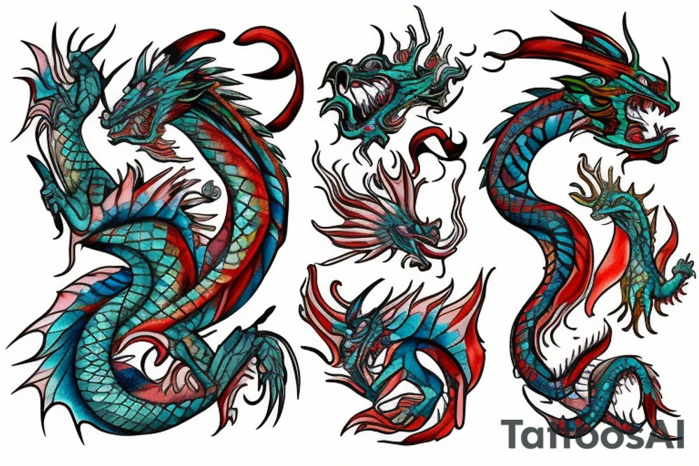 dragon tribal with water colors tattoo idea