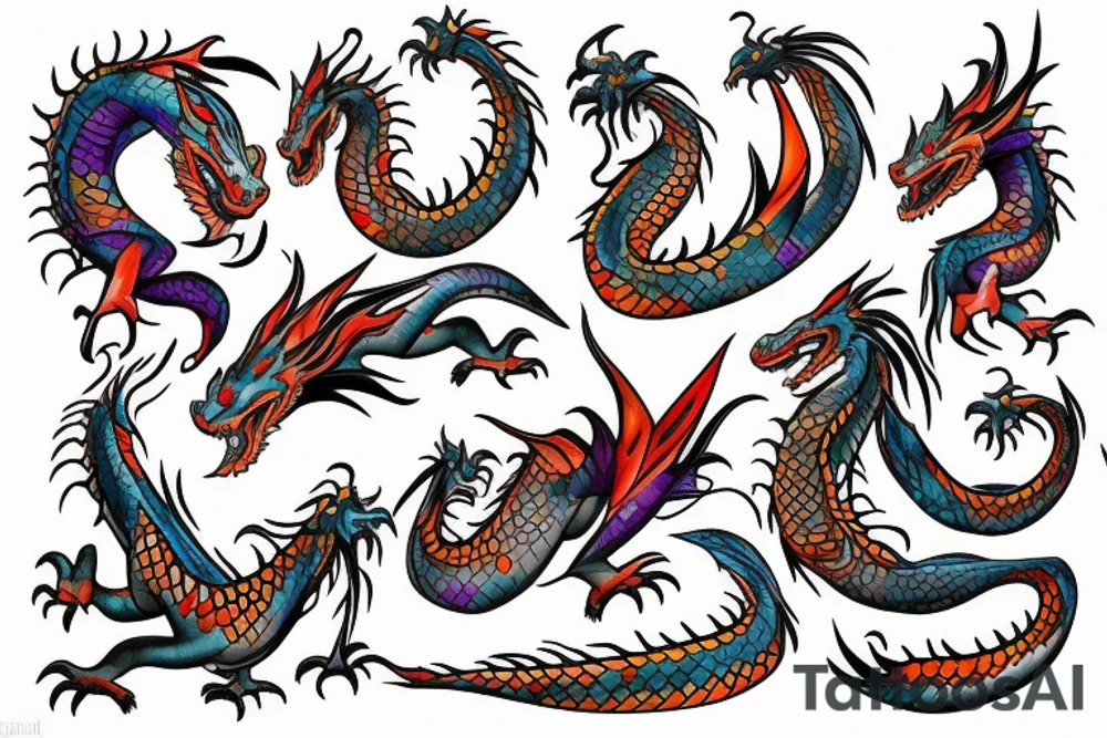 dragon tribal with water colors tattoo idea
