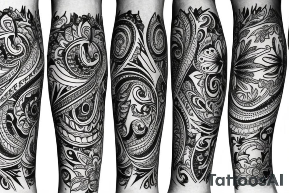 Paisley, safari, leg sleeve tattoo idea