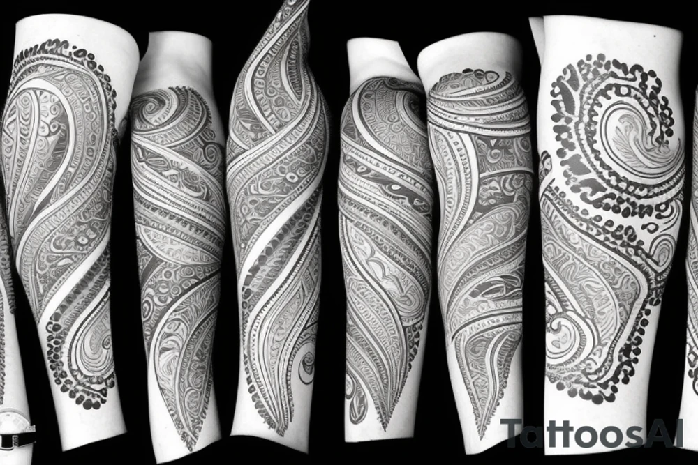Paisley, safari, leg sleeve tattoo idea
