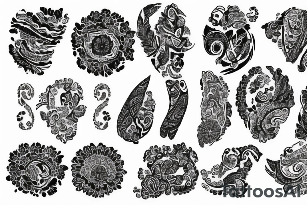 Paisley, safari, leg sleeve tattoo idea