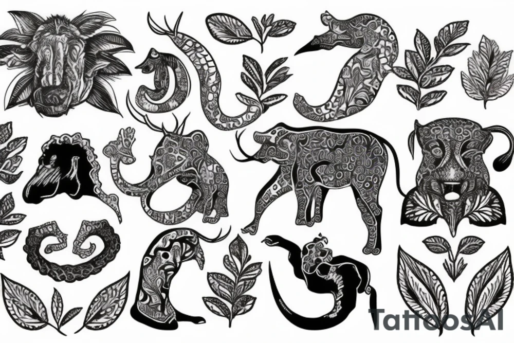 Paisley, safari, animals, plants tattoo idea