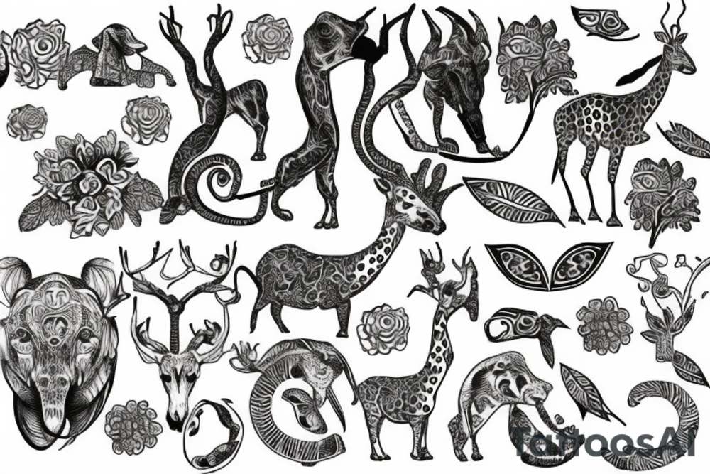 Paisley, safari, animals, plants tattoo idea