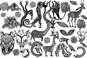 Paisley, safari, animals, plants tattoo idea