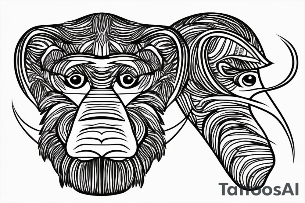 Paisley, baboon head, shapes, lines, circles tattoo idea