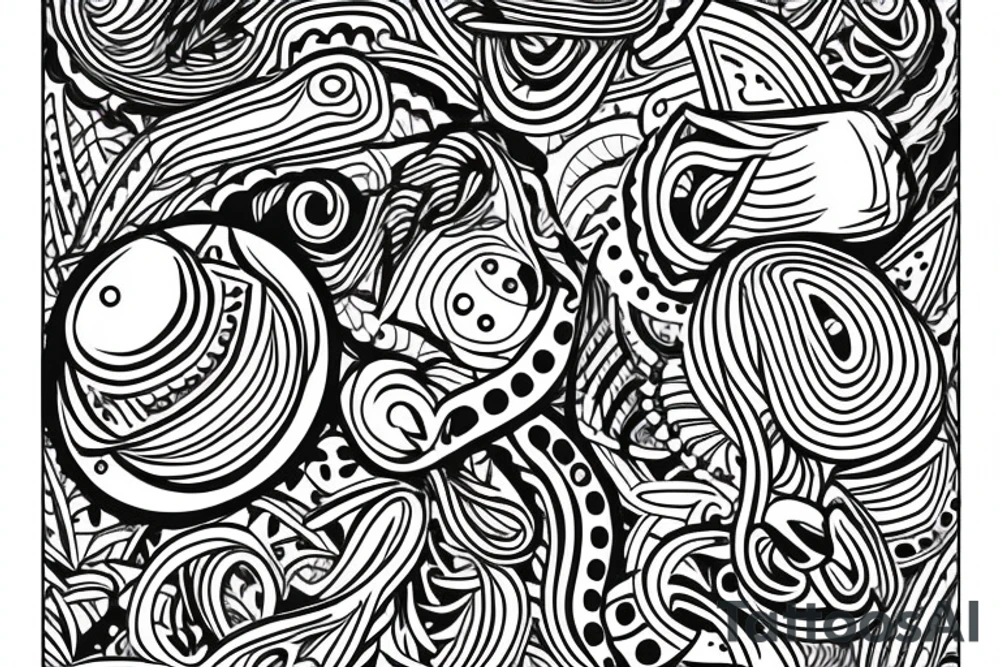 Paisley, baboon head, shapes, lines, circles tattoo idea