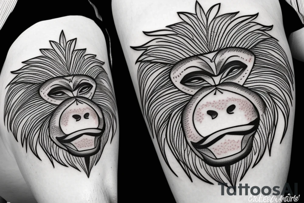 Paisley, baboon head, shapes, lines, circles tattoo idea