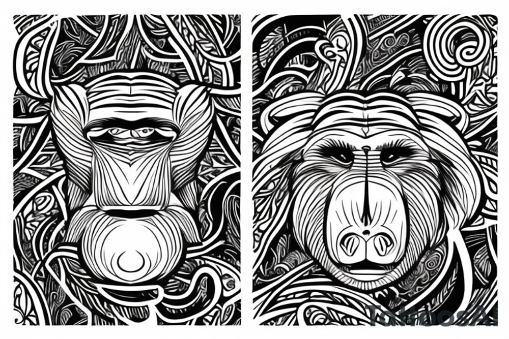 Paisley, baboon head, shapes, lines tattoo idea