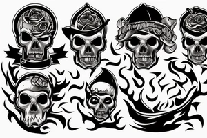 A large ship that is on fire with a lot of smoke coming from the flames that is on top of a rouge wave with a skull emerging from the smoke tattoo idea