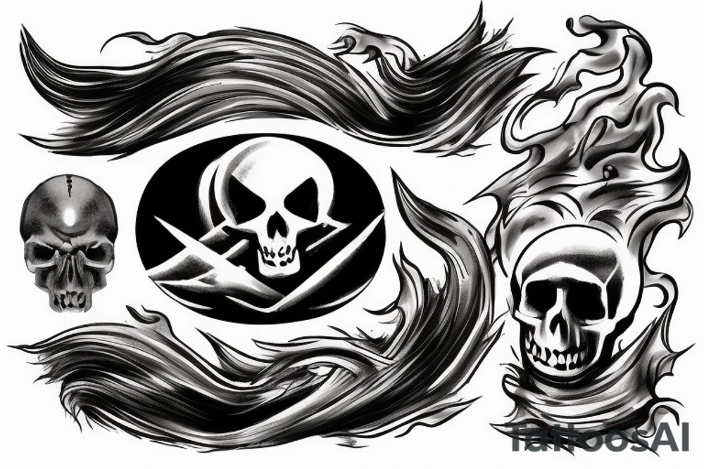 A large ship that is on fire with a lot of smoke coming from the flames that is on top of a rouge wave with a skull emerging from the smoke tattoo idea