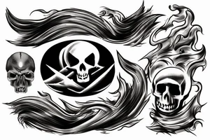 A large ship that is on fire with a lot of smoke coming from the flames that is on top of a rouge wave with a skull emerging from the smoke tattoo idea