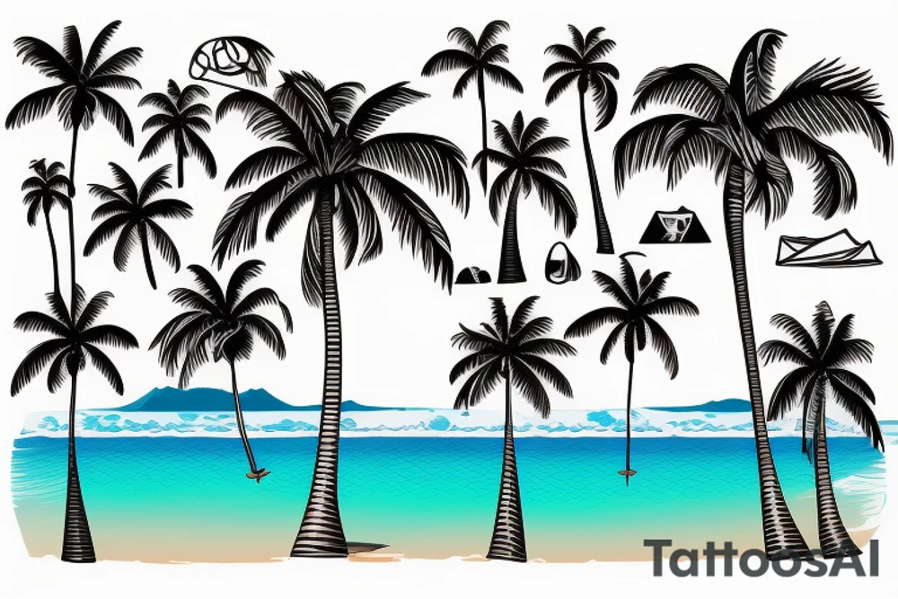tropical beach with palm trees with waterfalls on one side hitting the water and lava hitting the ocean on the other tattoo idea