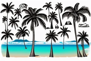 tropical beach with palm trees with waterfalls on one side hitting the water and lava hitting the ocean on the other tattoo idea