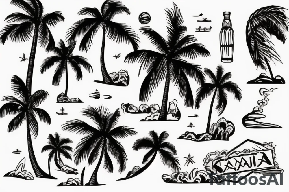 tropical beach with palm trees with waterfalls on one side hitting the water and lava hitting the ocean on the other tattoo idea