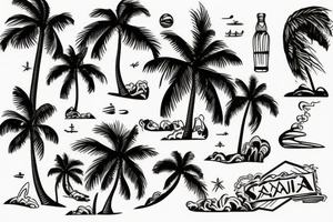 tropical beach with palm trees with waterfalls on one side hitting the water and lava hitting the ocean on the other tattoo idea