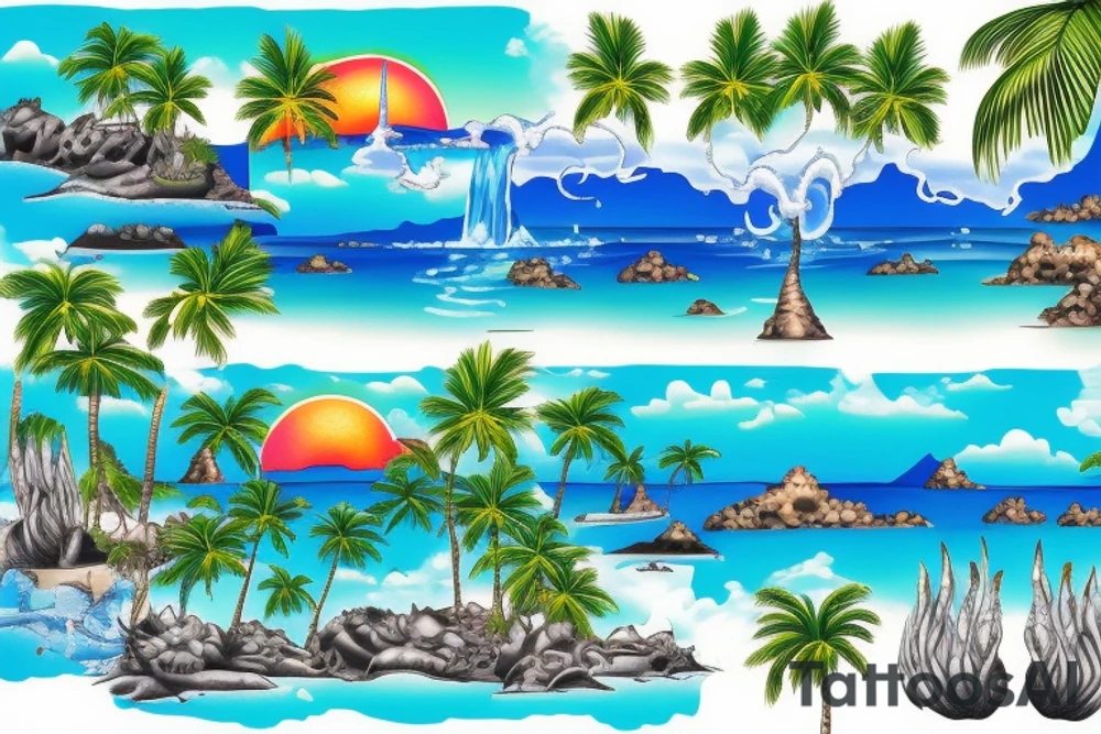 tropical beach with palm trees with waterfalls on one side hitting the water and lava hitting the ocean on the other tattoo idea