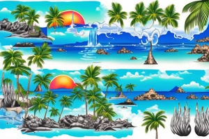 tropical beach with palm trees with waterfalls on one side hitting the water and lava hitting the ocean on the other tattoo idea
